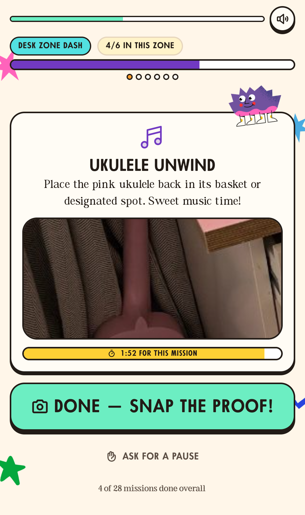 Mission screen with visible timers and photo crop